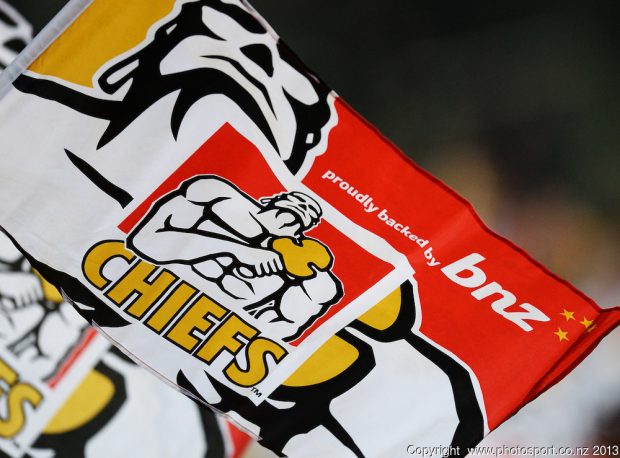 Chiefs fans flags during the Super Rugby match, Chiefs v Hurricanes at Waikato Stadium, Hamilton, New Zealand on Friday 28 June 2013. Photo: Andrew Cornaga/Photosport.co.nz
