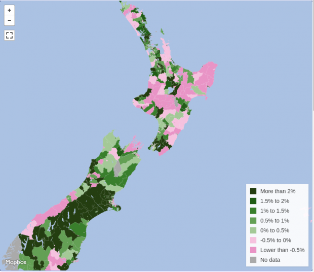 Population growth rate in NZ 2013 vs 2006 census percent compound annual growth rate